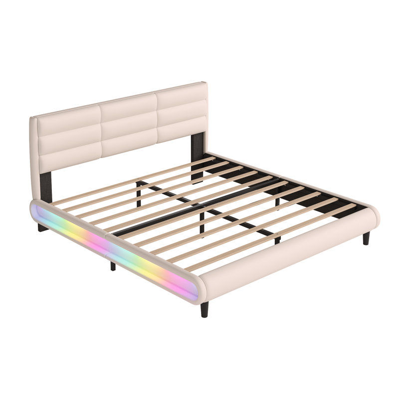 King Size Upholstered Platform Bed With LED Light Strips,Beige