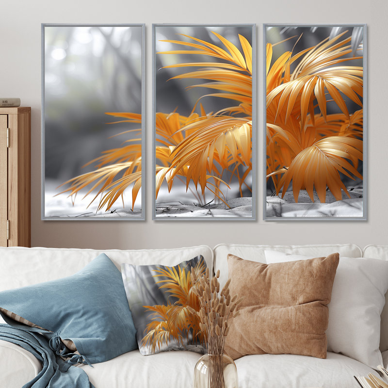 «Yellow and Grey Palms Garden», ensemble de reproduction d'art mural palmiers et palmiers, Toile argentée avec cadre flottant