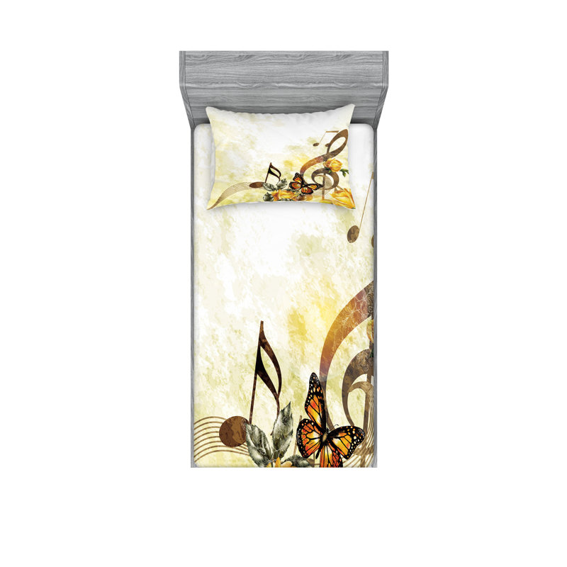 Ambesonne Music Fitted Sheet & Pillow Sham Sepia and Yellow, Twin XL Sheet Set + 3 Additional Pieces