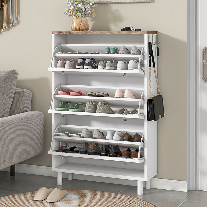 Narrow Design Shoe Cabinet With 3 Flip Drawers, Wood Grain Pattern Top Entryway Organizer With 3 Hooks, Free Standing Shoe Rack With Adjustable Panel For Hallway