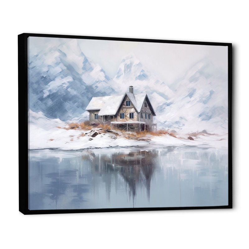 «White and beige Cozy Snow Cabin», reproduction sur toile, H 16 po x l 32 po x P 1 po, Cadre flottant noir