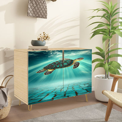 Sideboard Buffet Cabinet with Storage Stylized Underwater Vista Turtle Cracked Ceramic Tiles with 2 Doors for Living Room and Kitchen by East Urban Home