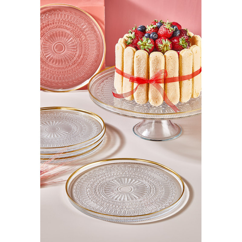 Ensemble d'assiettes à dessert élégantes 7 pièces, 100% verre, bordures dorées | Comprend 6 assiettes à dessert (8,3 po) et 1 support à gâteau (11 po) | Parfait pour les fêtes, les mariages et les occasions spéciales | Lavage à la main recommandé