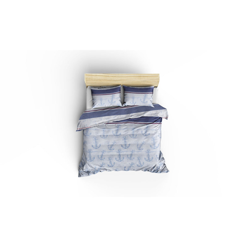 Ensemble de housse de couette 3 pièces en mélange de coton bleu / blanc Estie