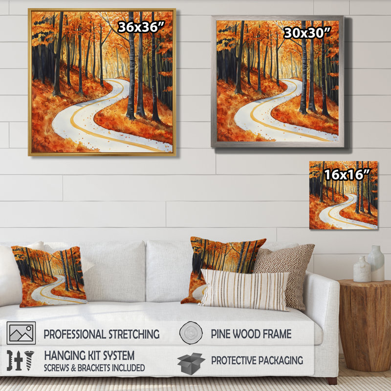 Route forestière d'automne orange et grise I - Tableau encadré, H 36 po x l 36 po, Black Picture Framed