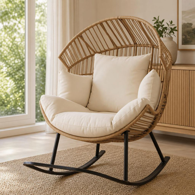 Fauteuil à bascule surdimensionné en osier avec coussin extra-doux et coussin épais
