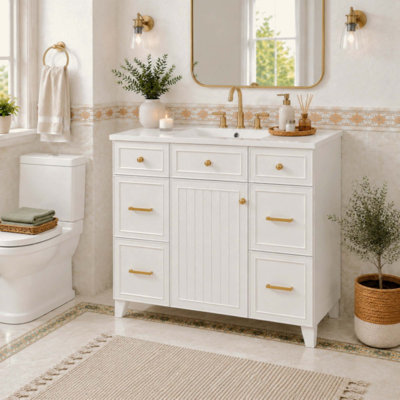 Meuble-lavabo de salle de bain avec lavabo en céramique, structure en bois massif, portes à fermeture en douceur, tablettes réglables, 3 tiroirs, y compris un tiroir à double profondeur pour le rangement du sèche-cheveux