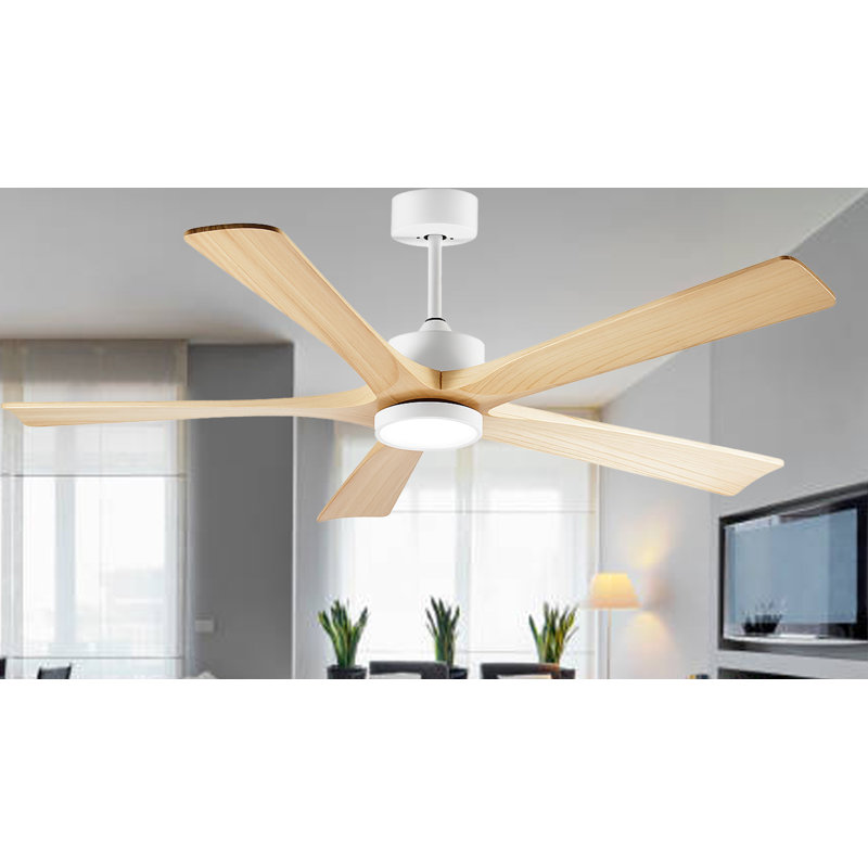 Ventilateur de plafond de 60 pouces avec lumière, 5 pales en bois massif, fixation par tige pour plafond incliné ≤15 °, moteur CC réversible silencieux, application et télécommande, 6 vitesses, minuterie, DEL à spectre complet à intensité variable
