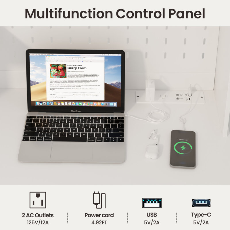 Computer Desk with Power Outlet, White