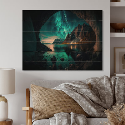 Northern Lights Reflection On The Water II - Paysage de montagnes, art mural bois de pin naturel