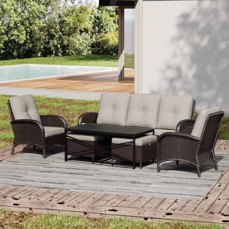 5-Person PE Wicker Outdoor Patio Set With Sofa,Chairs,Ottomans,Coffee Table & Beige Cushions, Beige