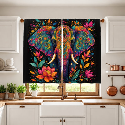 2Pcs Colorful Elephant Curtains, light filtering fabric, vibrant bohemian tribal pattern, sunshade and privacy protection, rod-pocket design, suitable for living room, bedroom, teenager's, balcony home decoration