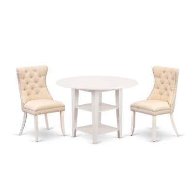 3 Piece Dining Set Includes a Round Kitchen Table with Dropleaf & Shelves and 2 Upholstered Chairs, linen white