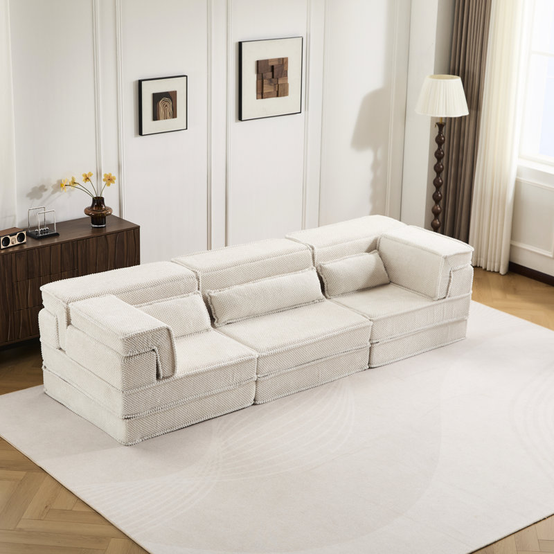 Canapé d'angle convertible 3 places Mahjong, blanc, polaire circulaire, sans assemblage, mousse à mémoire de forme, pour ' Room, sièges blancs, haute densité