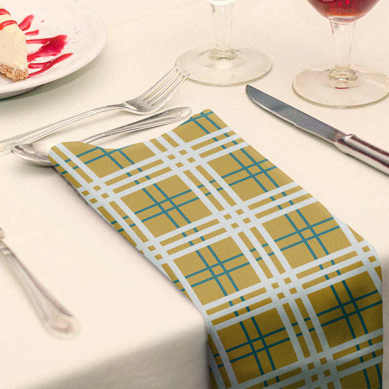 Plaid Square Napkin, Gold/Teal/White, 10" x 10", Cotton