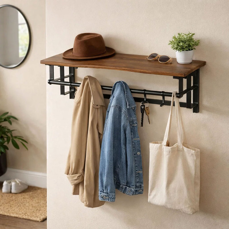 Tovar 26 Inch Industrial Metal Frame Wall Mount Coat Rack, 5 Hooks, 1 Shelf, Rustic Brown, Black, Rustic Brown/Bronze