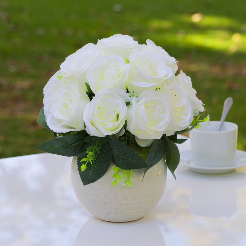Faux Silk Rose Arrangement in Pot, Cream