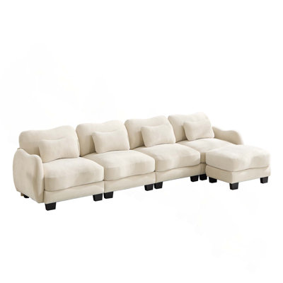 Ergonomic Curved Supportive 4-Seater Chenille Sofa with 1 Ottoman & Lumbar Pillows