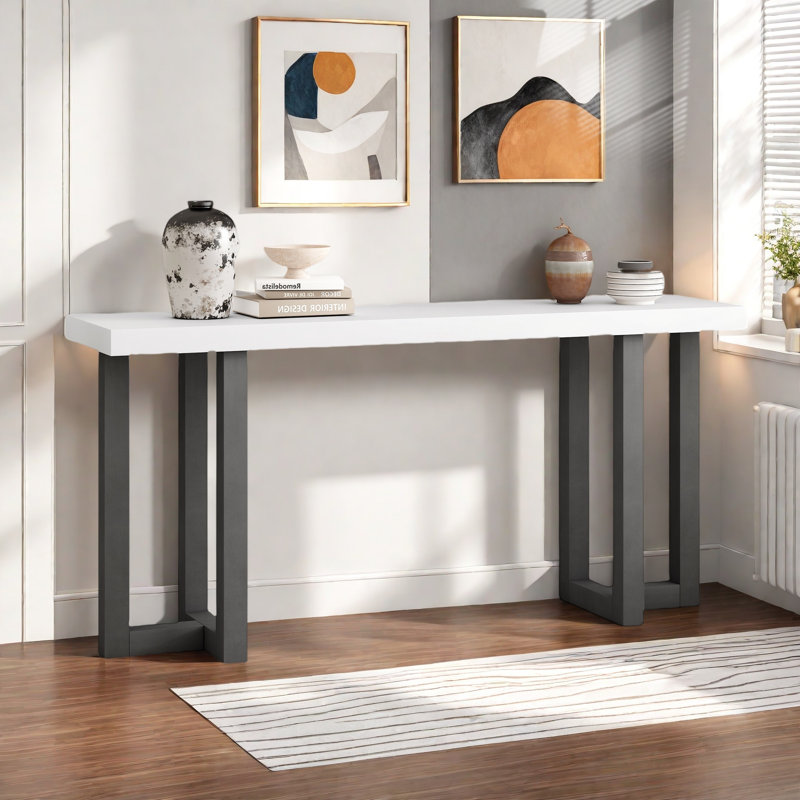 Console moderne avec motif géométrique et pieds en bois, Blanc / gris