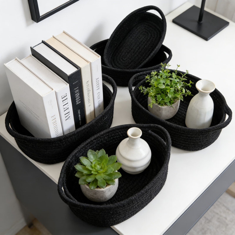Cotton Rope Storage Basket Set With Handles, 5-Piece Decorative Organizer Bins For Bathroom, Closet, Shelf, And Home Organization