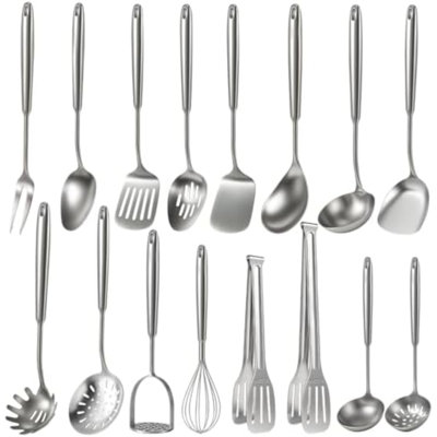 16 Pcs Cooking Utensils Set, 304 Stainless Steel Kitchen Utensils Set, Metal Kitchen Accessories, Include Soup Ladle, Slotted Skimmer Spoon, Spaghetti Spoon And Spatula, Dishwasher Safe