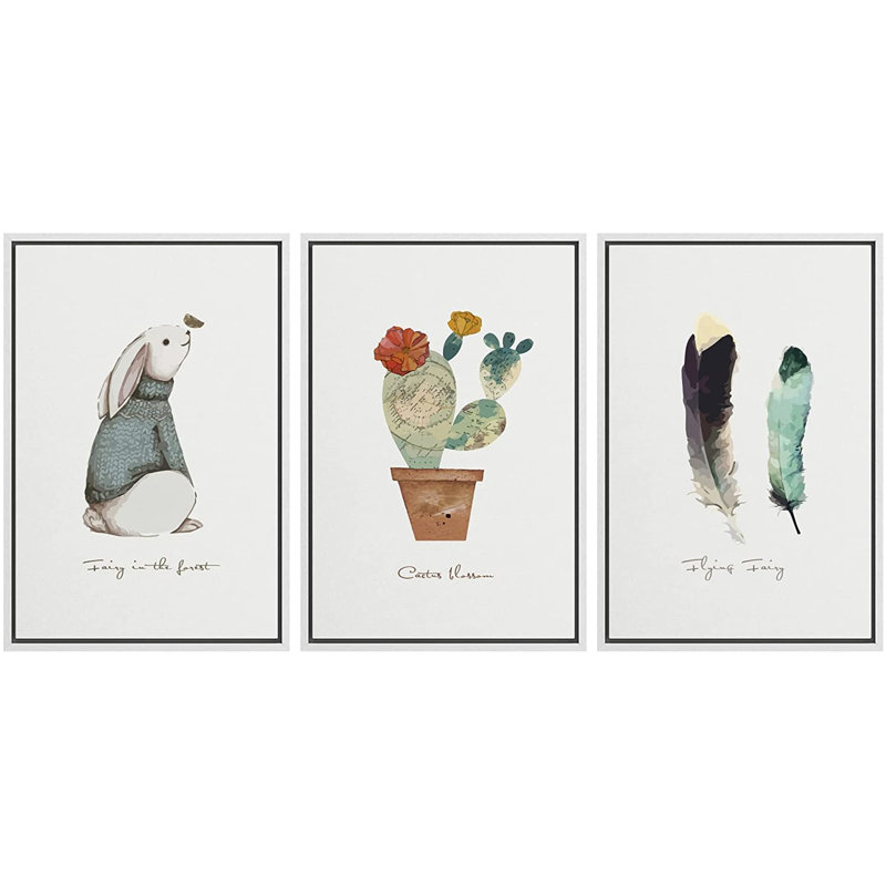 IDÉE4WALL, ensemble de reproductions d'art encadrées, lapin, cactus et plumes, trio, nature sauvage, illustrations, art moderne, rustique, pastel coloré pour le salon, la chambre à coucher, le bureau