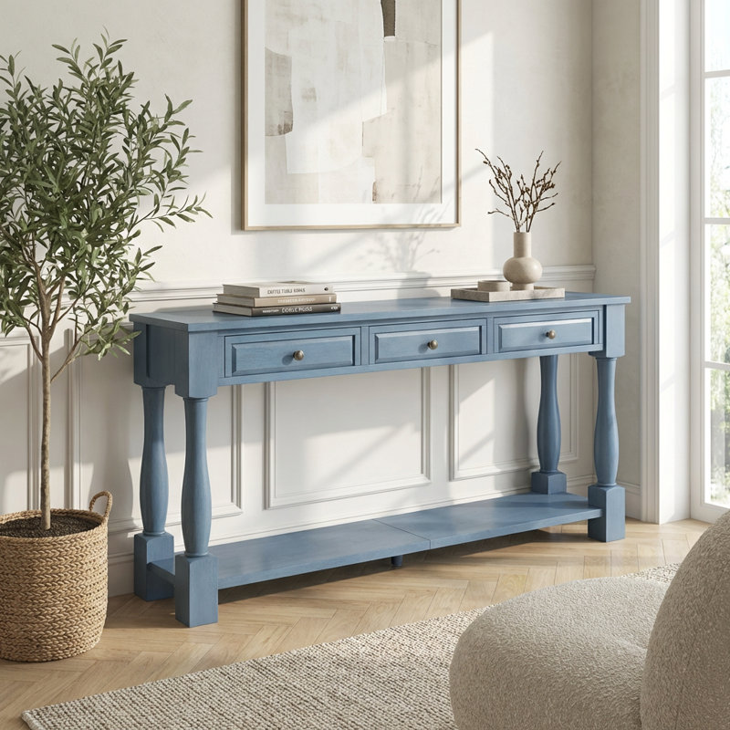 Très grande console avec tiroirs et tablette de rangement de style méditerranéen classique, Marine