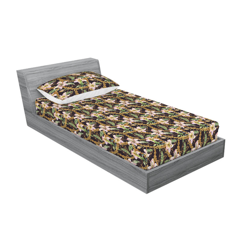 Ambesonne Fitted Sheet & Shams, Dark Purple/Green/Pink Flower, Twin Sheet Set with 1 Pillowcase
