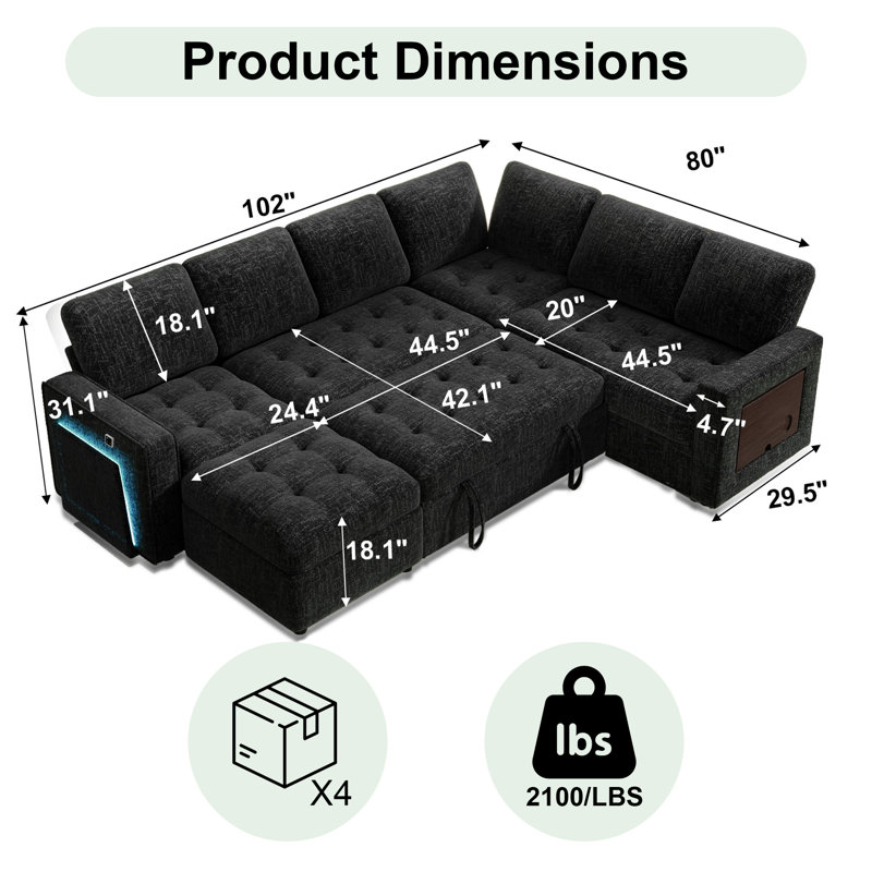Canapé-lit modulaire en forme de L 7 pièces Darrin avec lit escamotable, repose-pieds, dossier réglable, charge USB, éclairage à DEL et table d'appoint - chenille (assemblage sans outil)