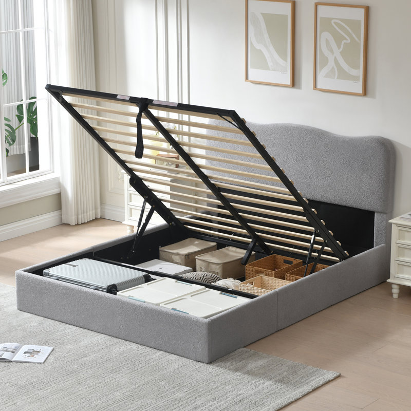Lit plateforme tapissier Bensu Boucle, Grand, Gris clair