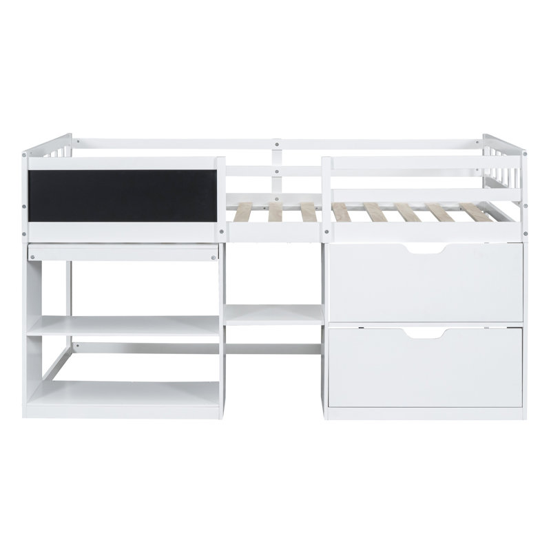 Lit mezzanine simple bas avec bureau roulant, tablette et tiroirs, blanc - Lit mezzanine avec rangement et espace de travail