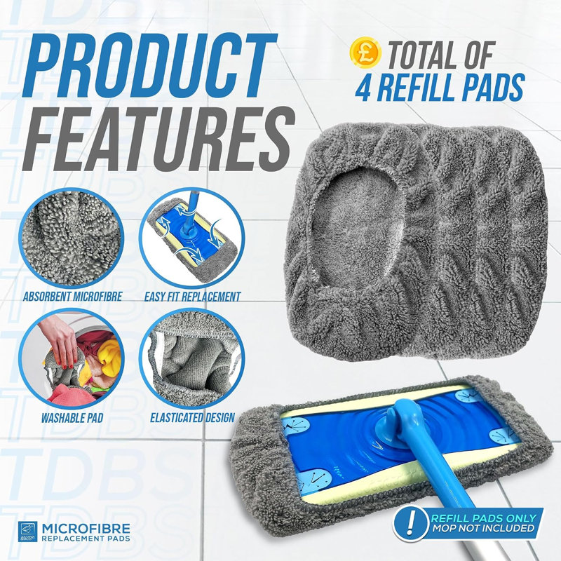 Pack of 4 Reusable Microfiber Mop Head Replacement Pads