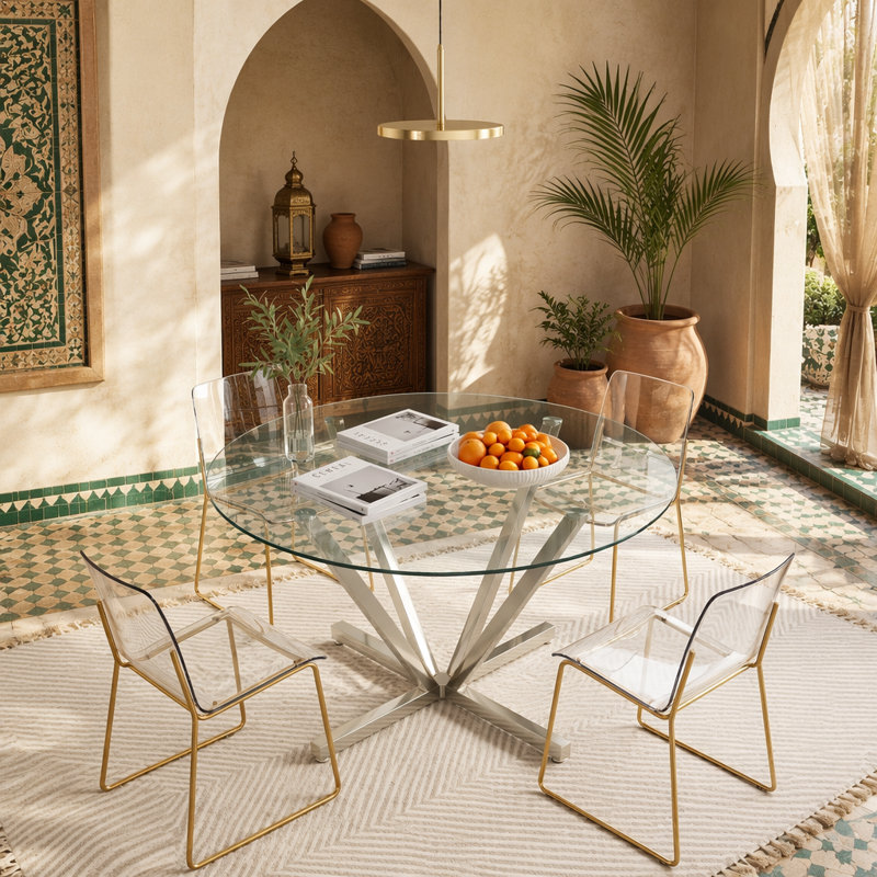 Table de salle à manger ronde de 45,27 po, table de cuisine en verre trempé avec pieds en métal chromé argenté, table de salle à manger moderne pour la cuisine, le salon et l'assemblage facile