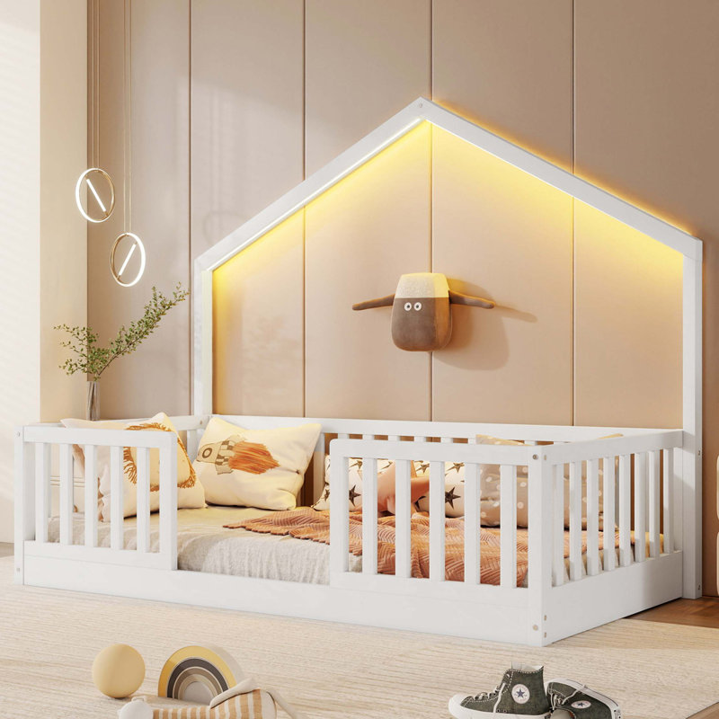 Lit simple Montessori avec lumière DEL et rails de sécurité, Blanc