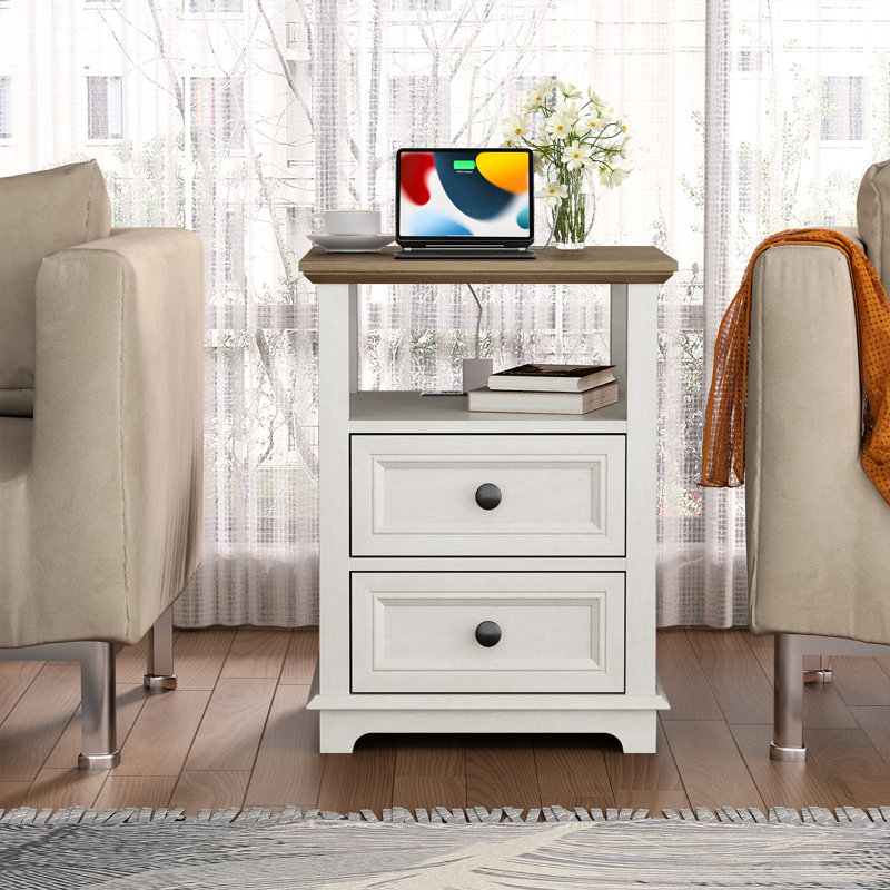 Azella Frame 2 End Table Set with Storage and Built-In Outlets, Brown Top/White Base