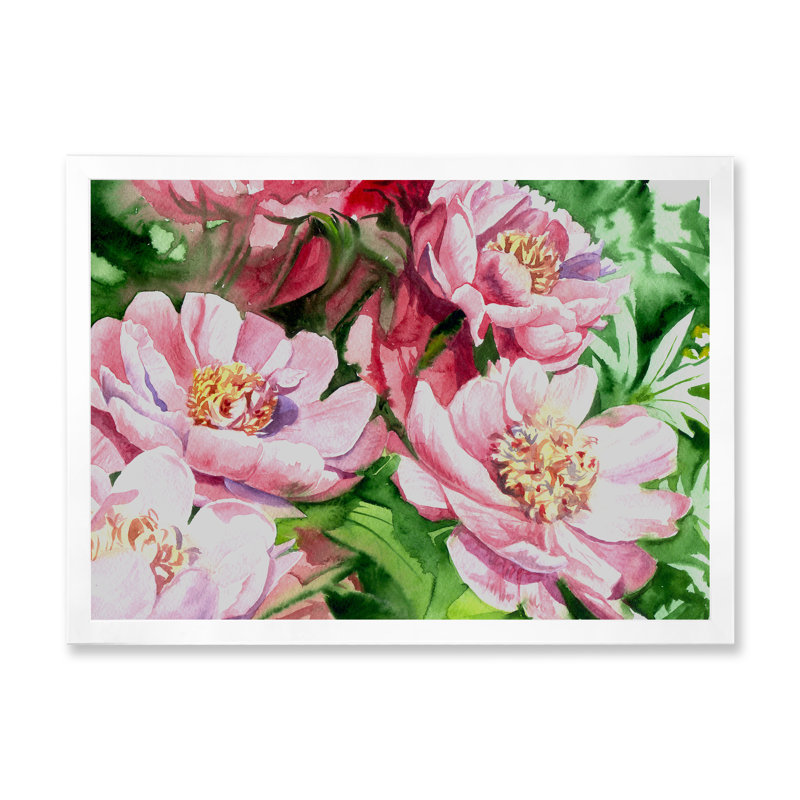 Aquarelle, pivoines roses, reproduction sur toile flottante, H 8 po x l 12 po x P 1 po, Cadre photo blanc