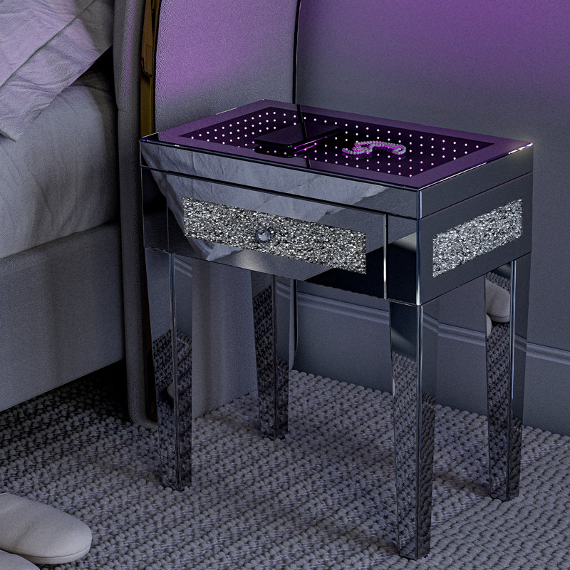 Table de bout en miroir moderne avec lumière DEL et tiroir, table d'appoint en diamant écrasé avec base rectangulaire pour salon, chambre à coucher et bureau, argent