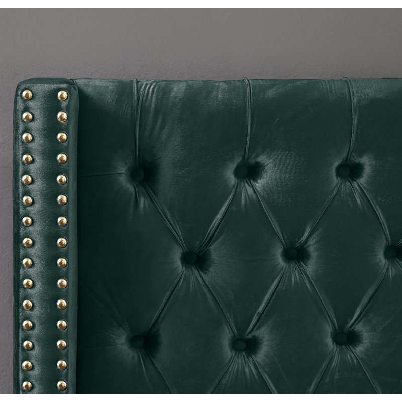 Lit plateforme tapissier capitonné à profil bas en bois massif Joclynn, Grand, Velours vert, Doré