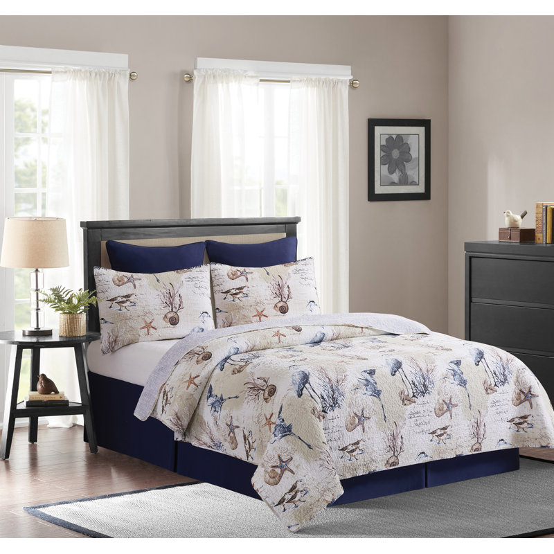 Ensemble de courtepointe réversible en coton Brunswick, Courtepointe pour lit simple + 1 taie décorative 