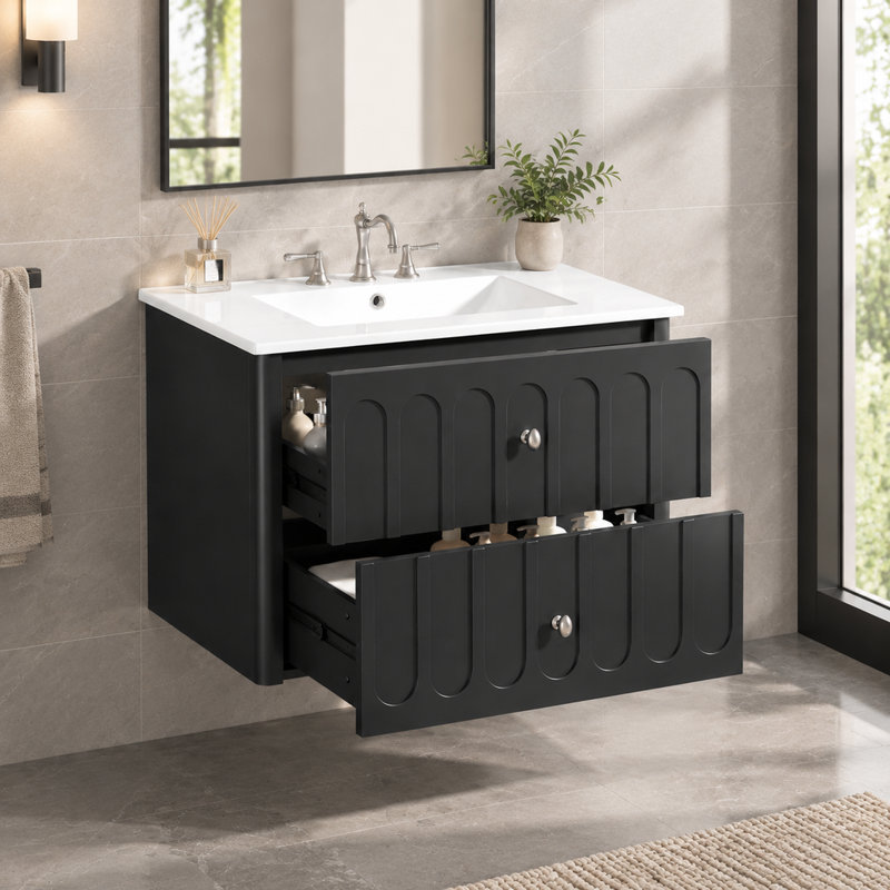 Meuble-lavabo mural moderne de 76,4 cm (30,08 po) avec tiroirs à fermeture amortie et lavabo en céramique