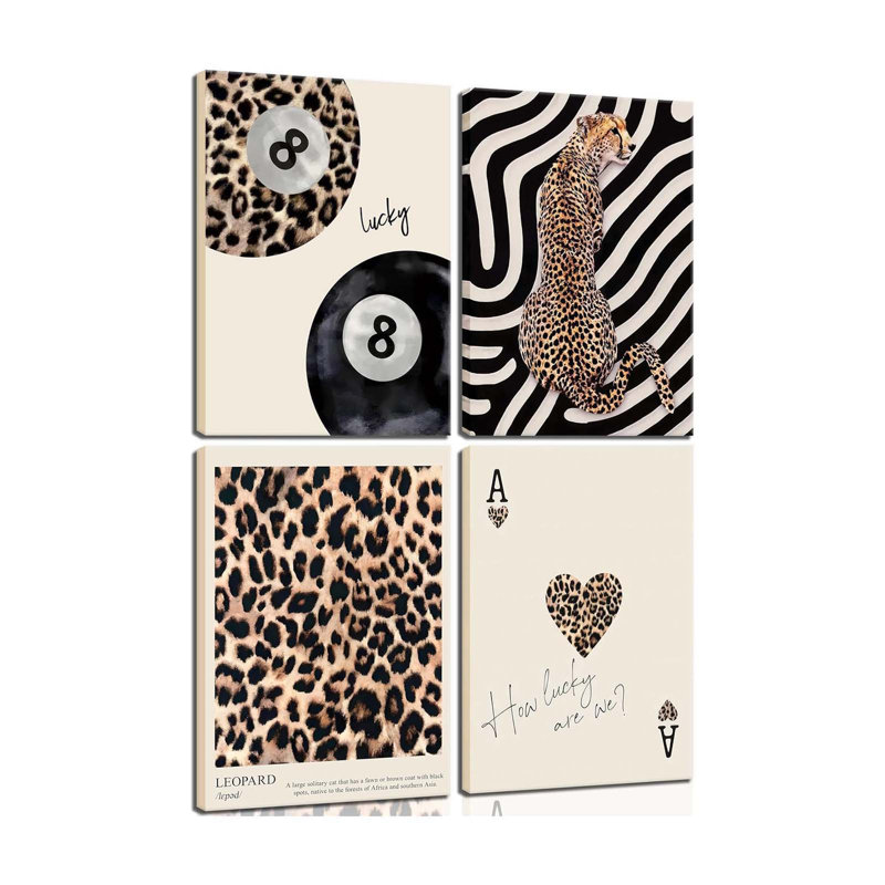 4Pcs Trendy Leopard Canvas Wall Artcheetah Preppy Aesthetic Room Wall Decor Chic Leopard Ace Card Posters Prints Funky Lucky 8 Ball Painting Pictures For Bedroom Apartment Dorm Framed 12X16 Inch