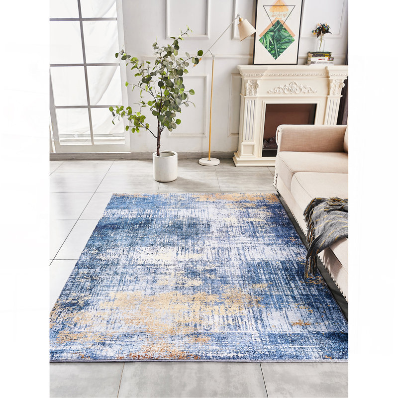 Tapis bleu super doux à motif abstrait lavable à la machine, Rectangulaire 2 pi x 3 pi