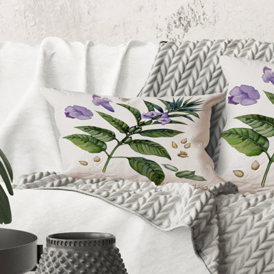 Rectangle, fleurs de sésame mauves avec feuilles vertes - coussin décoratif traditionnel