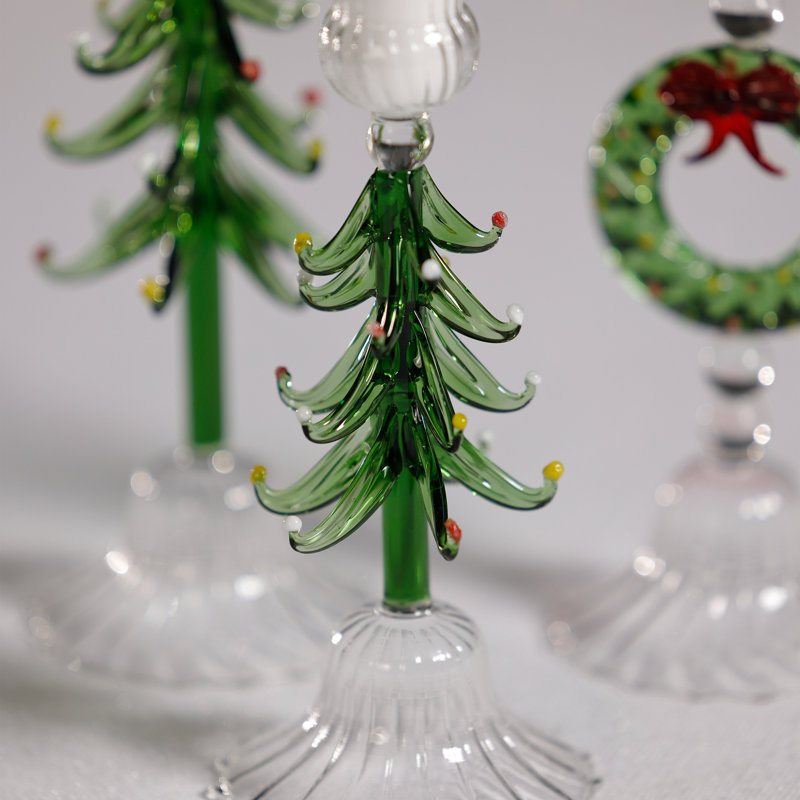 Holiday Tree Taper Candle Holders, Set of 4, 8.25" H x 3.25" W x 3.25" D, Clear/Green