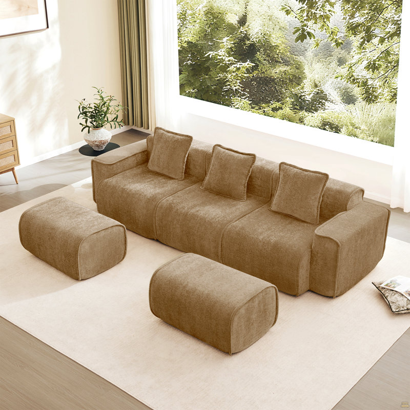 Canapé modulaire modulaire à 3 places en forme de U avec passepoil à bordure française, aucun assemblage requis, canapé à 3 places avec coussins décoratifs et 2 repose-pieds mobiles, tissu en velours brun