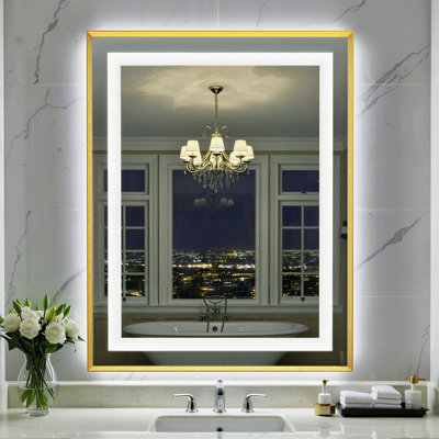 Bathroom LED Mirror Brushed Gold Metal Frame Frontlit & Backlit Vanity Mirror Anti-Fog Stepless Dimmable 3 Colors Wall-Mounted