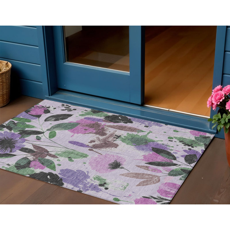 3' X 5' Lavender And Artichoke Green Floral Washable Indoor Outdoor Area Rug