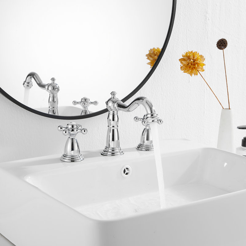 Robinet de lavabo de salle de bain à large entraxe avec bonde, Chrome poli