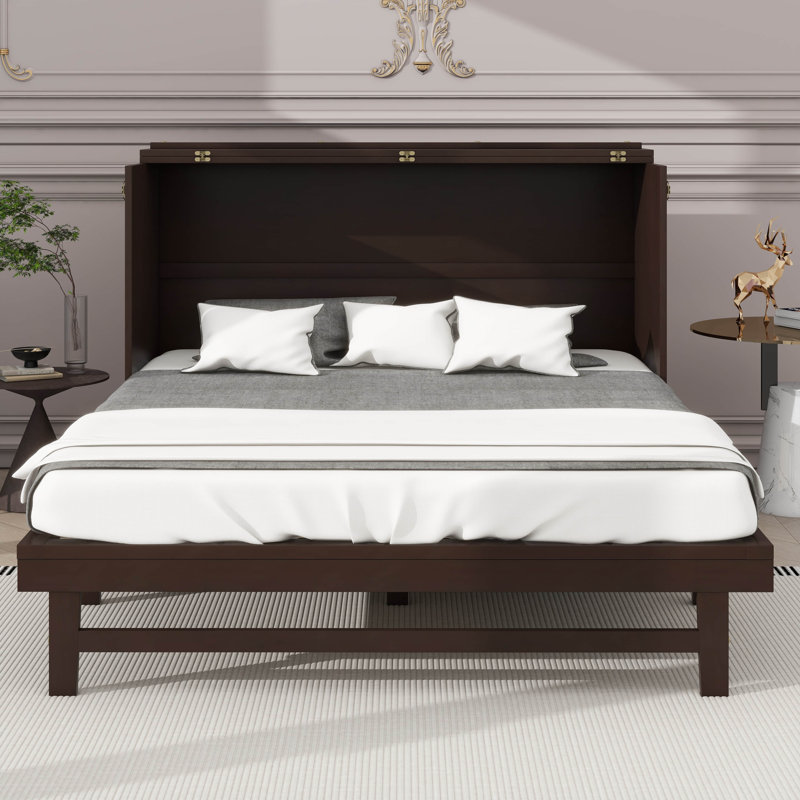 Armoire lit escamotable sophistiquée pour grand lit avec station de charge et grand tiroir de rangement, Espresso