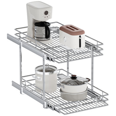 Armoire coulissante à 2 niveaux de 14,5 po x P 21,5 po, tiroir coulissant robuste en fil chromé pour armoires de cuisine, garde-manger et armoire